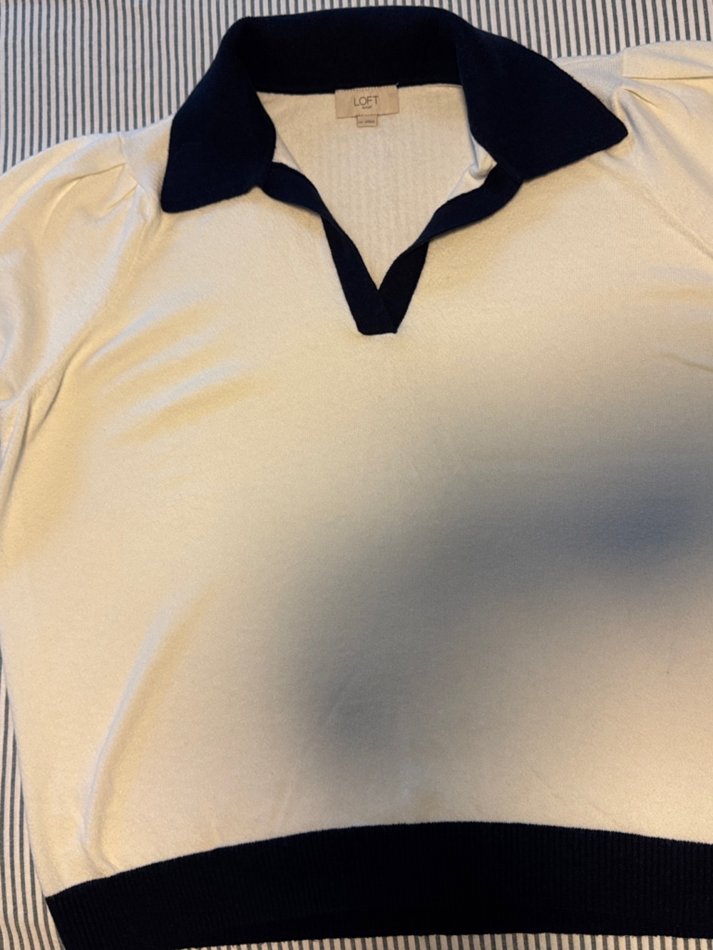 Loft Outlet Cream Knit Polo Top with Navy Trim
